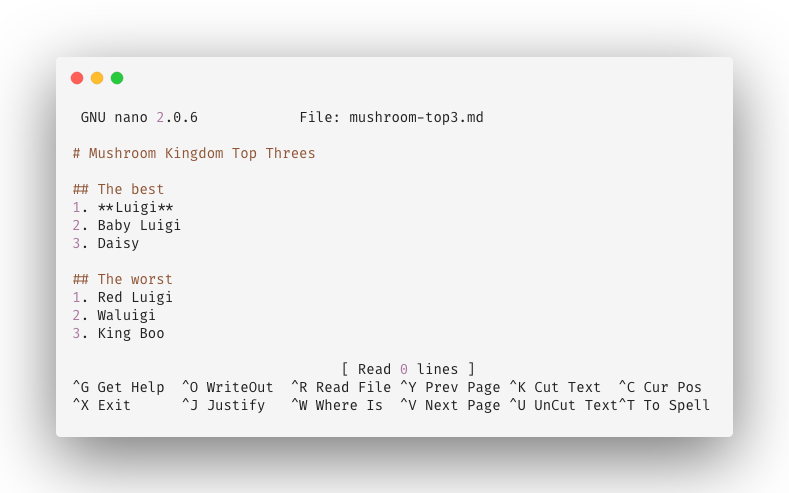 A window showing the Nano text editor accessed form the command line, with the file name at the top, some text in the middle and a range of options like 'exit' at the bottom.